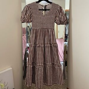 Tiered midi dress in brown gingham